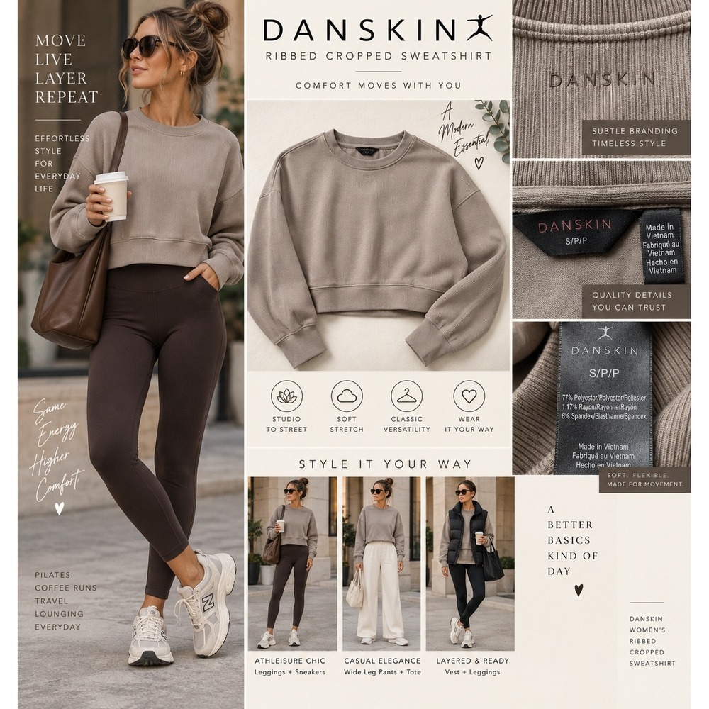 Danskin Womens Small Ribbed Sweatshirt Taupe Cropped Crewneck Athleisure 5001